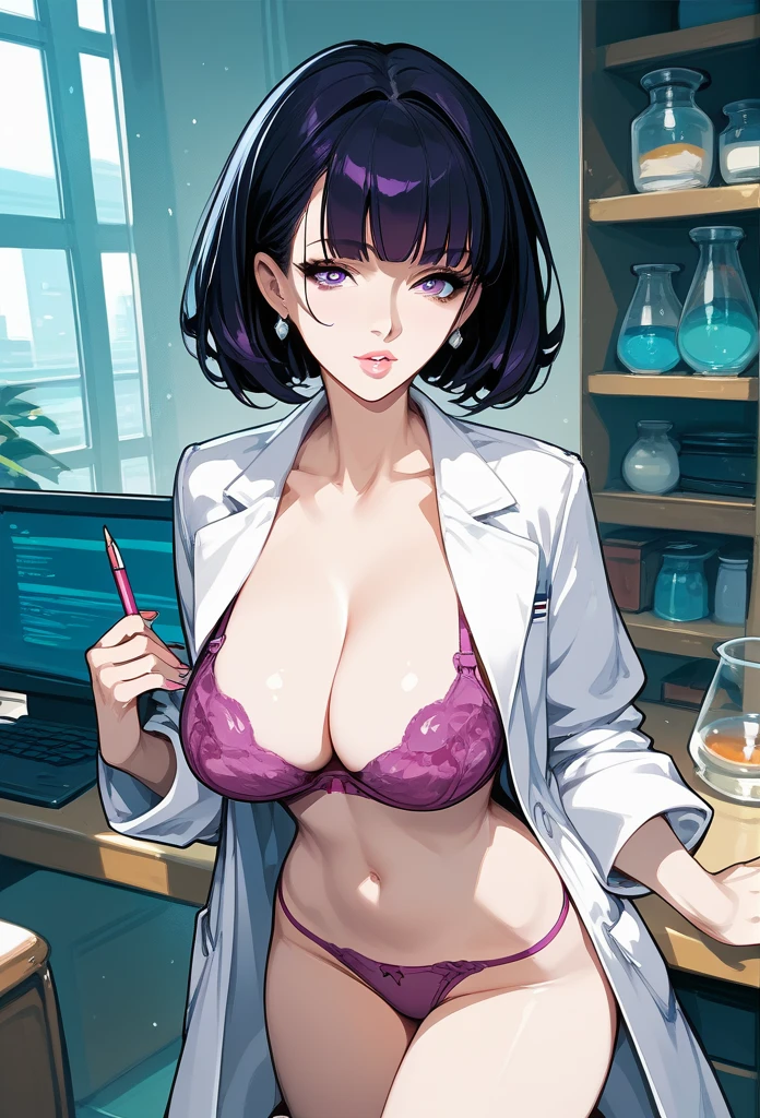 mature woman, mature face, hot face, glossy lips, (black hair, short hair, hime bangs), mature body, big breast, magenta bra, lab coat, violet thong, lab