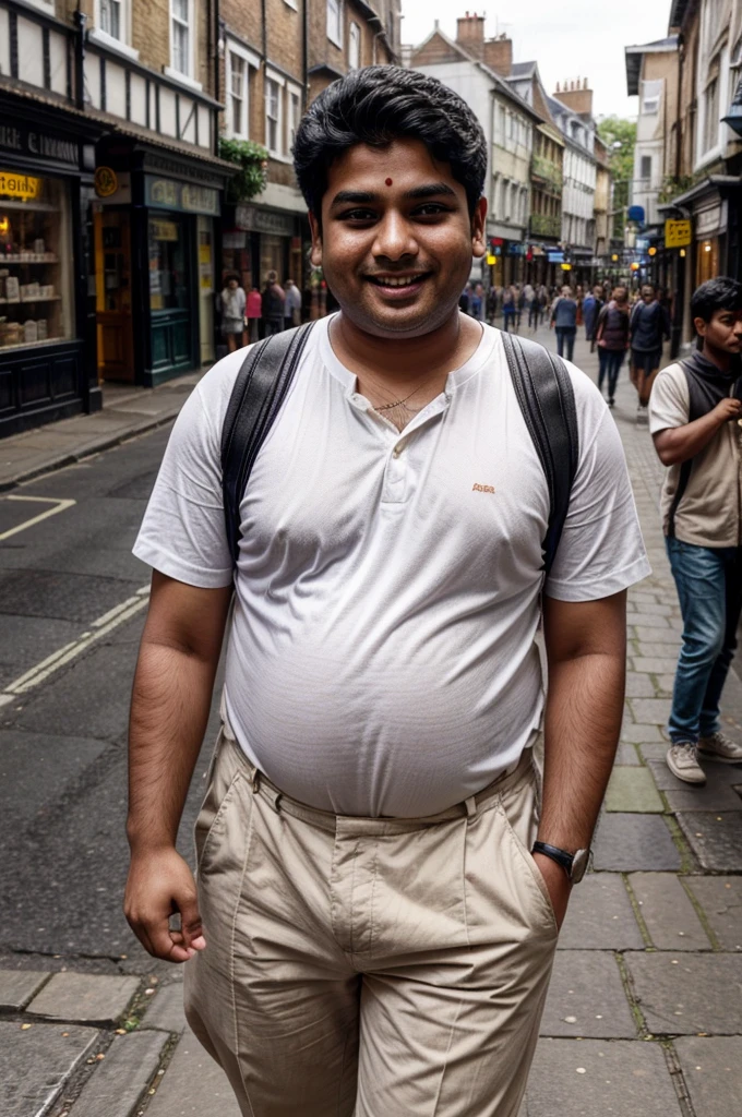 a chubby and adorable 15-year-old Indian boy, standing on a bustling street in England:
Physical Description: Gopal has a round face with chubby cheeks that dimple when he smiles. His dark eyes are large and expressive, framed by long eyelashes. His hair is dark and neatly combed, with a slight wave.
Attire: He is dressed in a crisp white shirt, neatly tucked into dark trousers. Over his shirt, he wears suspenders with a playful pattern, secured over his shoulders. His shoes are comfortable and practical for walking on the city streets.
Expression: Gopal's face lights up with a bright, infectious smile, revealing a row of slightly uneven but endearing teeth. His eyes sparkle with curiosity and wonder as he takes in the sights of the bustling English street.
Background: Place him on a lively street in England, lined with charming shops and bustling with people of diverse backgrounds. The architecture should reflect a mix of traditional and modern elements, setting a vibrant and dynamic backdrop for Gopal's exploration.