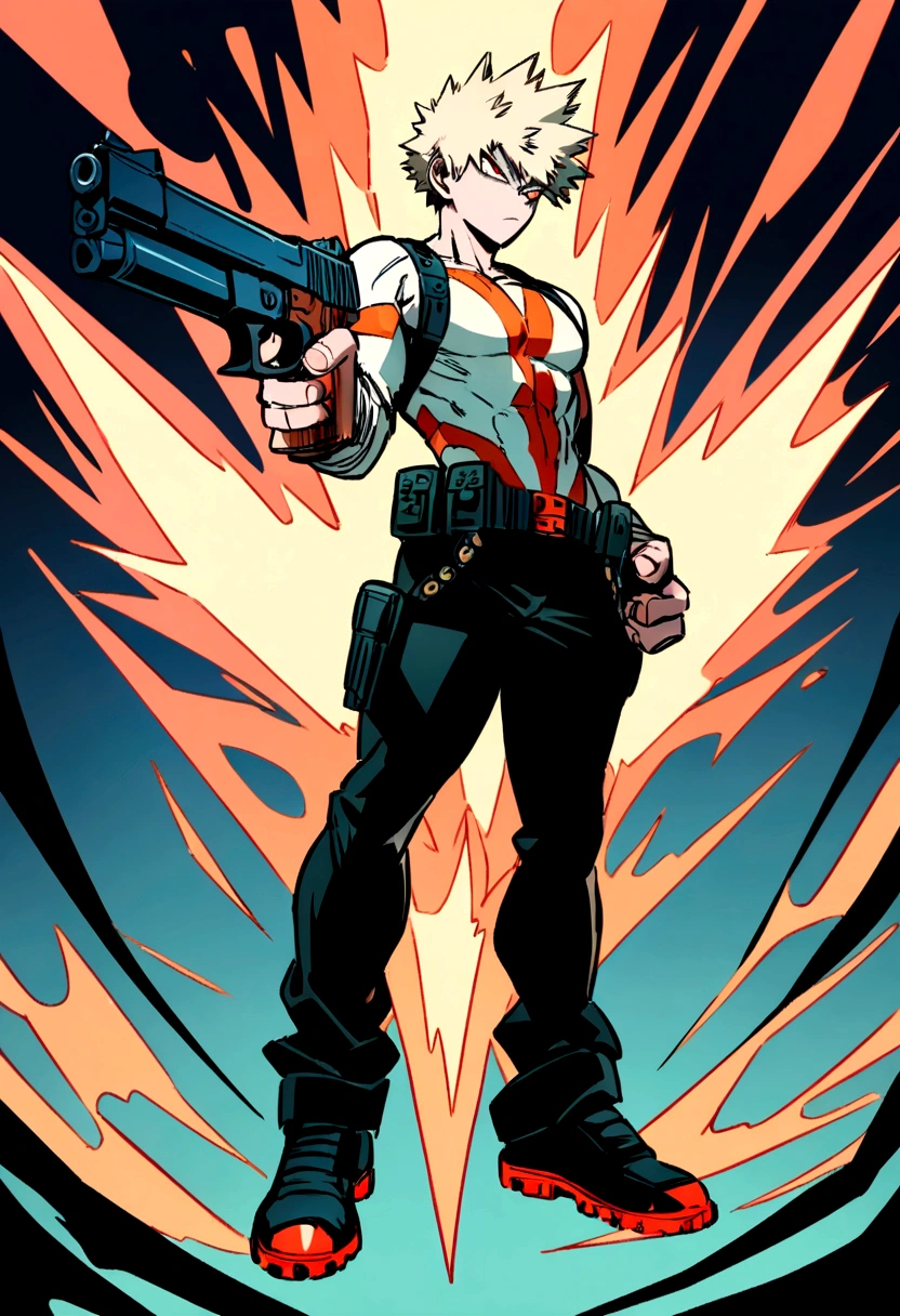 bakugo from my hero academia, full body, holding a gun, 9mm gun, perfect detailed gun.