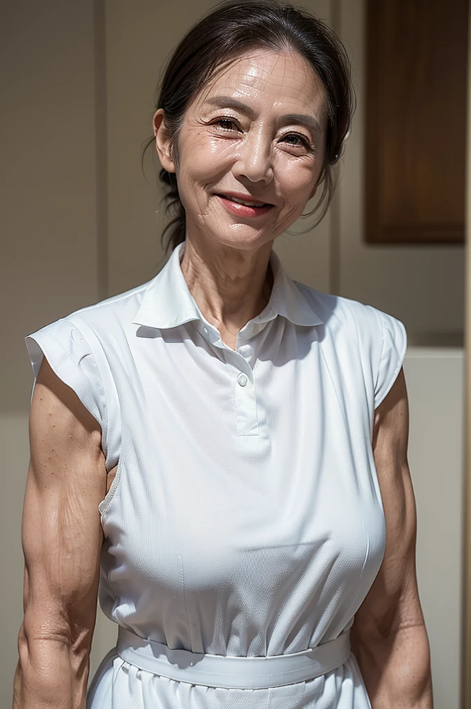 (masterpiece:1.4),(66-year-old woman:1.5),(facial wrinkles 1.2), (hair tied up : 1), A kind smile,maternal, Mature Woman, (white apron : 1.2), (collared uniform : 1.3), acnes, skin blemishes, fleckles,(muscular arms : 1.2), kitchen