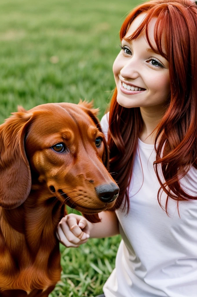 A red smooth-haired dachshund dog in a cartoon style is happy to meet a girl.