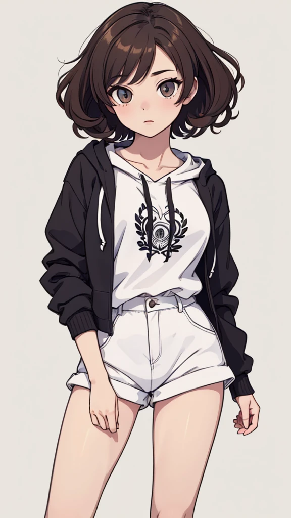(((masterpiece, best quality, ultra highres, 1 girl, solo, no background))), super detailed skin and face and eyes and finger, beautiful japanese woman, small breasts:1.5, skinny, light brown hair, white background, very short curly pixie hair, (an illustration of girl), Knee shot, Generate with illustrations, Various expressions, Various poses, Please draw the entire character within the frame, ensuring that the head, arms, and legs are not cut off. The background should be simple, with the character positioned centrally, outline, anime, hoodie,