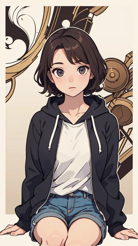 (((masterpiece, best quality, ultra highres, 1 girl, solo, no background))), super detailed skin and face and eyes and finger, beautiful japanese woman, small breasts:1.5, skinny, light brown hair, white background, very short curly pixie hair, (an illustration of girl), Knee shot, Generate with illustrations, Various expressions, Various poses, Please draw the entire character within the frame, ensuring that the head, arms, and legs are not cut off. The background should be simple, with the character positioned centrally, outline, anime, hoodie,
