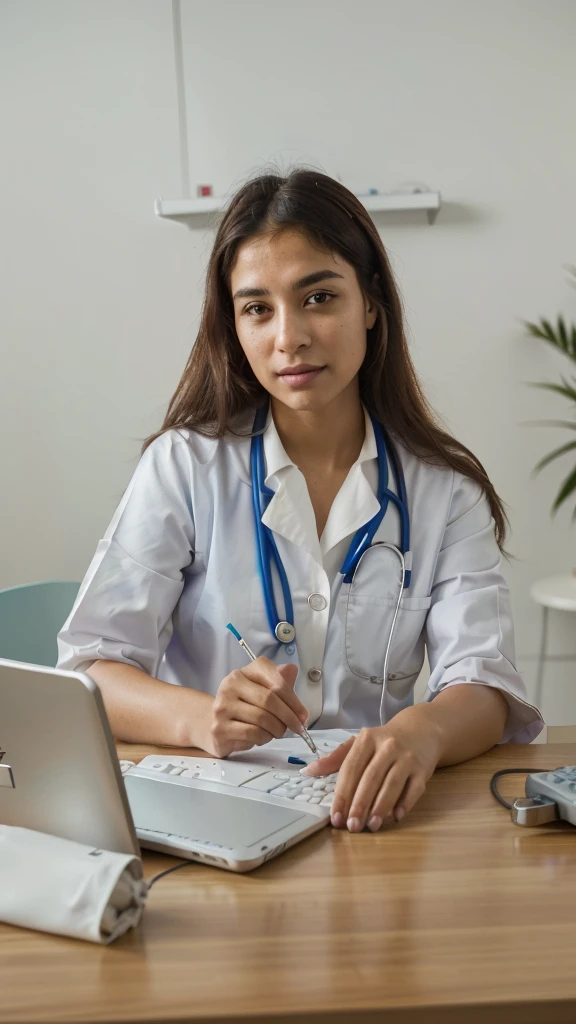 Arafa woman in a white shirt sitting at a table with a laptop and a calculator, doctor, medical doctor, wearing lab coat and a blouse, health care worker, With a stethoscope, nursing, wearing a lab coat branco, (doctor), doctors office, portrait of a female pathologist, wearing a lab coat, medical photography, health care