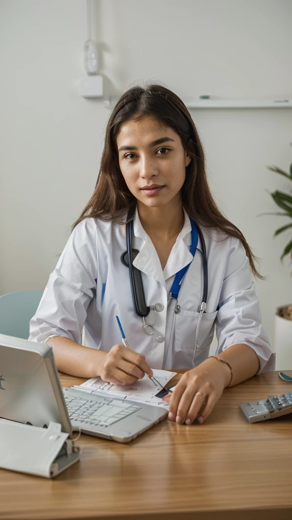 Arafa woman in a white shirt sitting at a table with a laptop and a calculator, doctor, medical doctor, wearing lab coat and a blouse, health care worker, With a stethoscope, nursing, wearing a lab coat branco, (doctor), doctors office, portrait of a female pathologist, wearing a lab coat, medical photography, health care