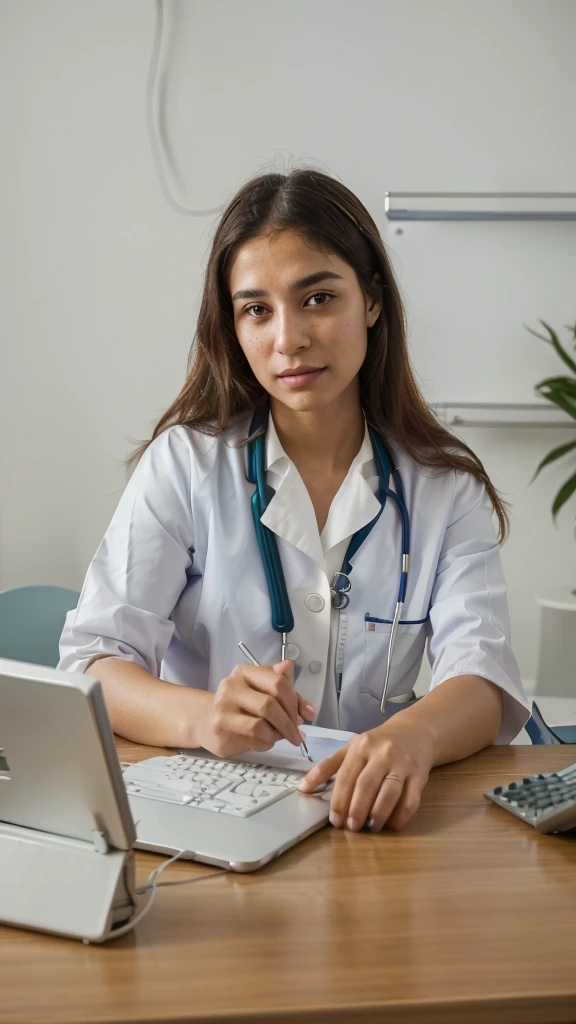 Arafa woman in a white shirt sitting at a table with a laptop and a calculator, doctor, medical doctor, wearing lab coat and a blouse, health care worker, With a stethoscope, nursing, wearing a lab coat branco, (doctor), doctors office, portrait of a female pathologist, wearing a lab coat, medical photography, health care