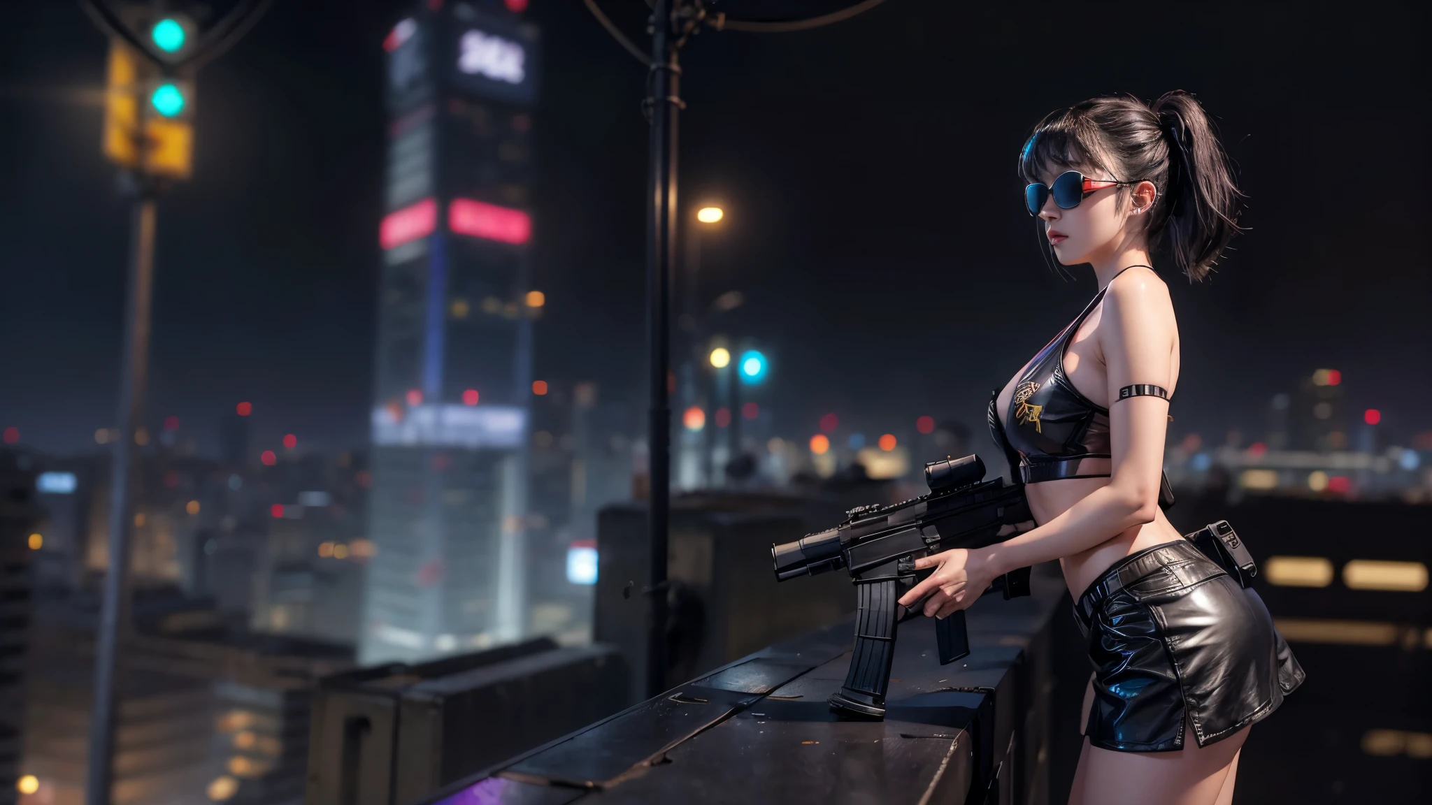 8k, Realistic Skin Texture, Realistic Photo, Neo Tokyo, slim Japanese women, large-breast:1.3 cleavage:1.2, AD2050 at night, Dirty hunting jacket, Wearing tube top, miniskirt, (((black sunglasses, automatic rifle, sneakers, cold, shooting pose, low angle view))), Innovative composition, revenge, cyberpunk, blade runner worldview, Large neon sign, Geisha hologram sign, Strong Wakamoto Sign.