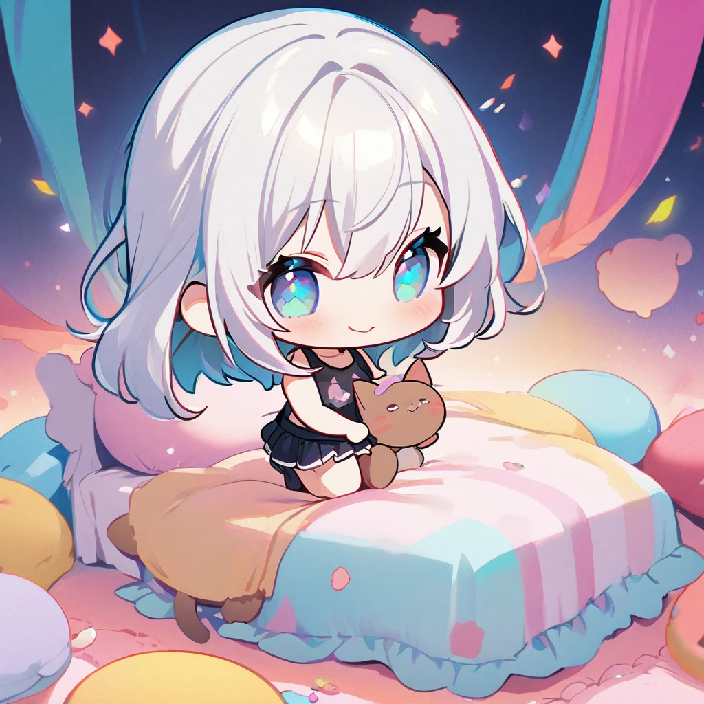 masterpiece、Highest quality、Depth of subject、((2D illustration))、1 beautiful girl、((colorful))、(((chibi style)))、((Long, beautiful hair))、Bright silver hair、hair between eyes、cute、Beautifully detailed eyes、Tank top、((mini skirt))、(((vivid color))、((bed))、((full body shot))、((Very happy face))、((kitten))、stuffed toy、((There's a lot of pink around))、((Lens flare))、White light is shining、My whole body was filled with light