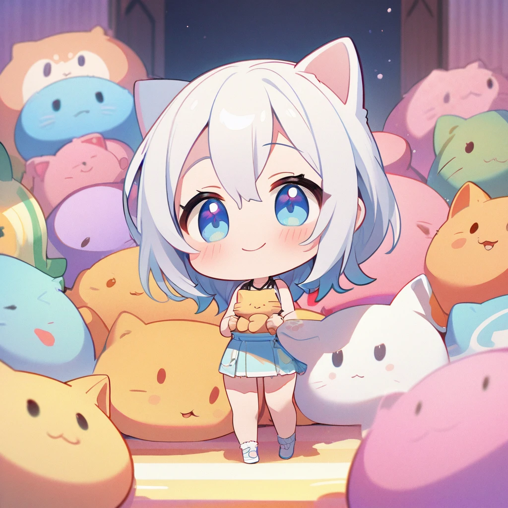 masterpiece、Highest quality、Depth of subject、((2D illustration))、1 beautiful girl、((colorful))、(((chibi style)))、((Long, beautiful hair))、Bright silver hair、hair between eyes、cute、Beautifully detailed eyes、Tank top、((mini skirt))、(((vivid color))、((bed))、((full body shot))、((Very happy face))、((kitten))、stuffed toy、((There's a lot of pink around))、((Lens flare))、White light is shining、My whole body was filled with light