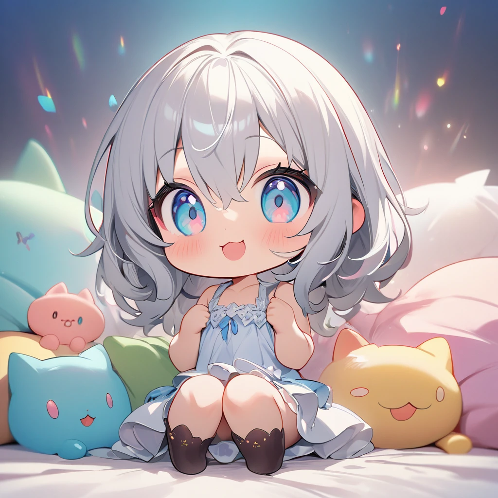 masterpiece、Highest quality、Depth of subject、((2D illustration))、1 beautiful girl、((colorful))、(((chibi style)))、((Long, beautiful hair))、Bright silver hair、hair between eyes、cute、Beautifully detailed eyes、Tank top、((mini skirt))、(((vivid color))、((bed))、((full body shot))、((Very happy face))、((kitten))、stuffed toy、((There's a lot of pink around))、((Lens flare))、White light is shining、My whole body was filled with light