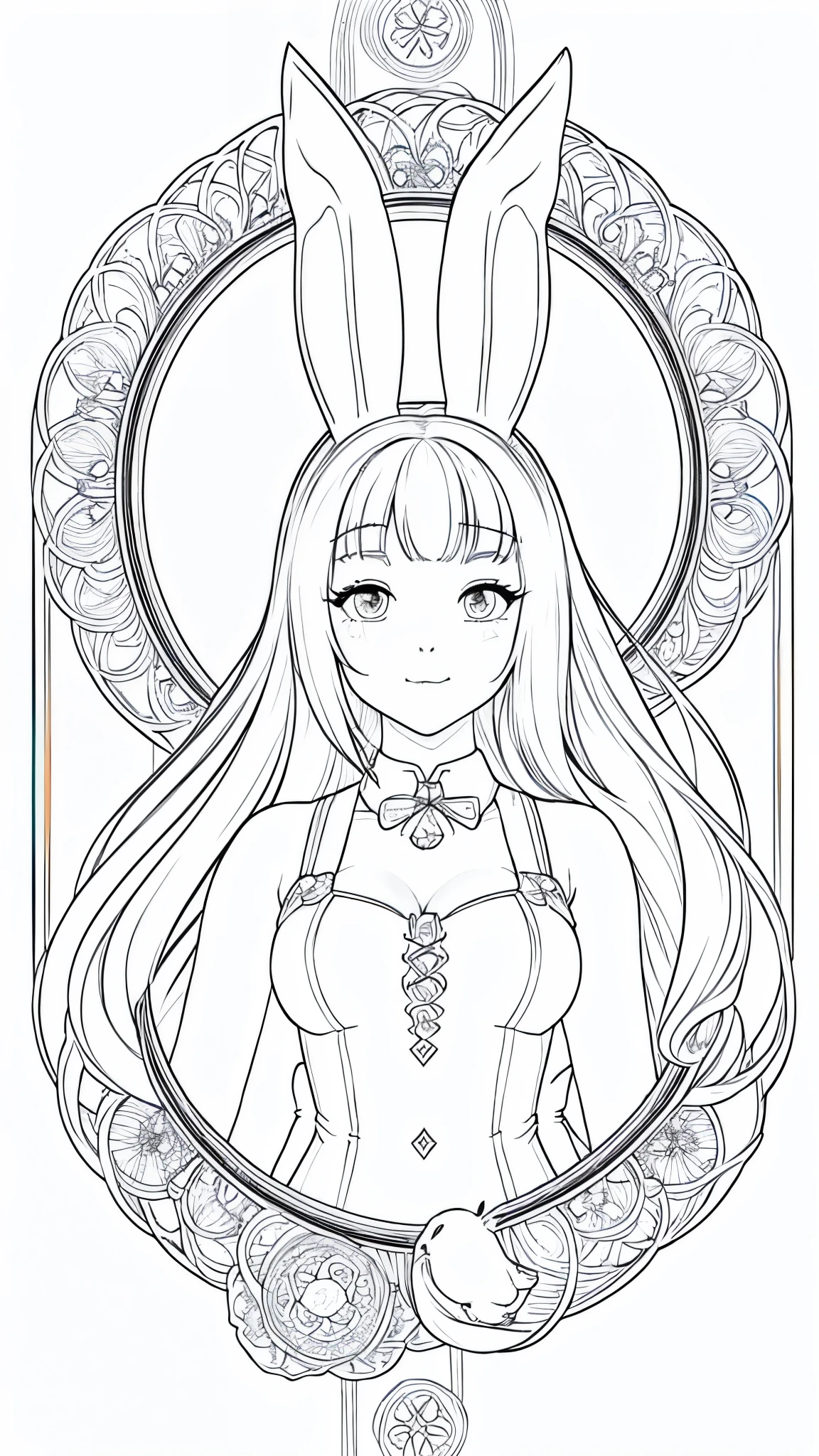 (Bunny girl:1.5), 8k, black and white drawing of circular design, intricate thin lines, centering radial design, coloring pages, simplified zentangle, coloring book outline, black and white only, no outline, intricate designs, coloring book, celtic design, intricate lines, no gradients