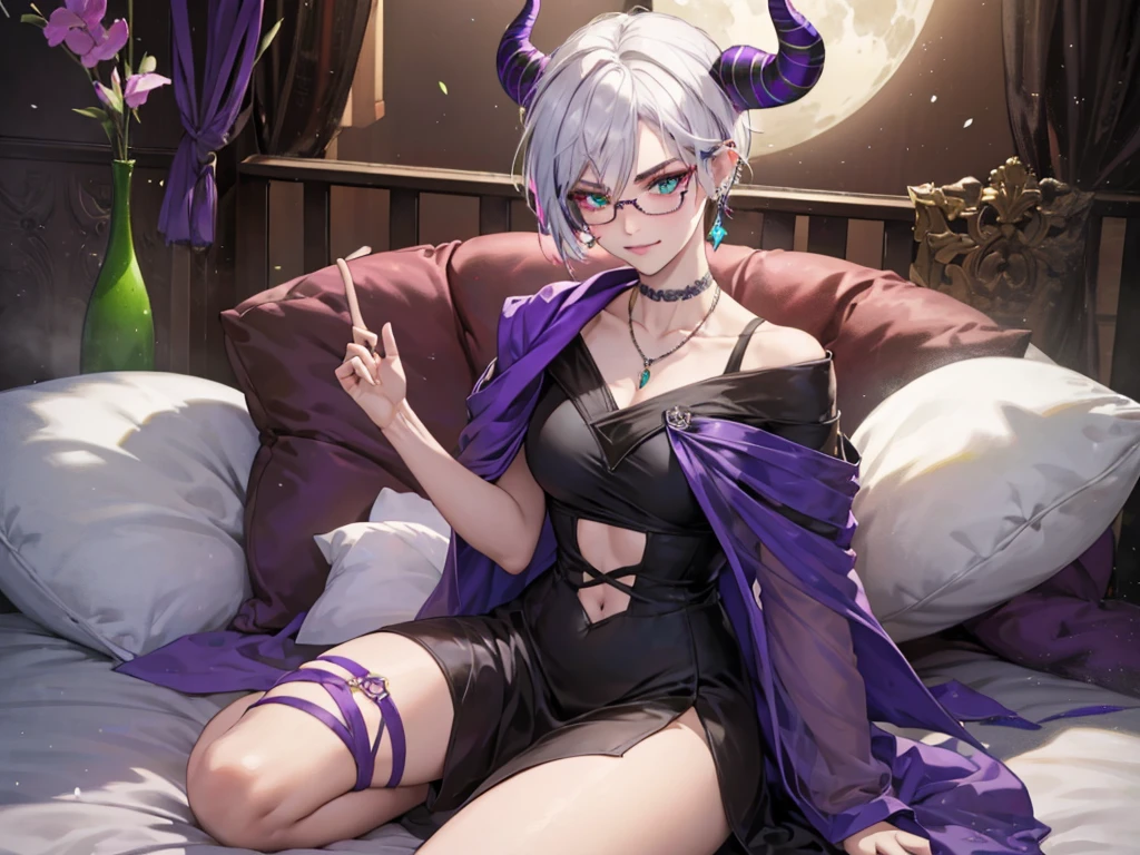8k, masterpiece, best quality, highly detailed, 1 girl, tiefling, warlock, multicolored hair, very short straight hair green highlight hair on white hair, strippled hair, wearing glasses, round glasses, earrings, red eyeshadow, long eyelashes,navel piercing, blushed cheek, necklace, collarbone, mole, glamorous, purple and teal clothing, villainy, smirk, seductive face, halfbody view, rings, looking at viewer, demon horns, solo, elegant dress, ballroom, palace, blue pale moon, sitting,
