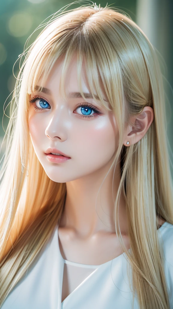 Nature photography of a beautiful girl, Wear a loose-fitting crop top, to protect myself, Super long,puffy blonde hair, large bust, messy bangs between eyes、fix your gaze on the camera, eye shadow, symmetrical eyes, plane of symmetry, photorealism, photography, Pfadverfolgung, specular lighting, Volumetrisches Gesichtslicht, path traced hair, visible shadow, complicated, expensive, blank background、Very beautiful bright light blue eyes、very big eyes、very white bright glossy skin、cheek gloss highlight shower