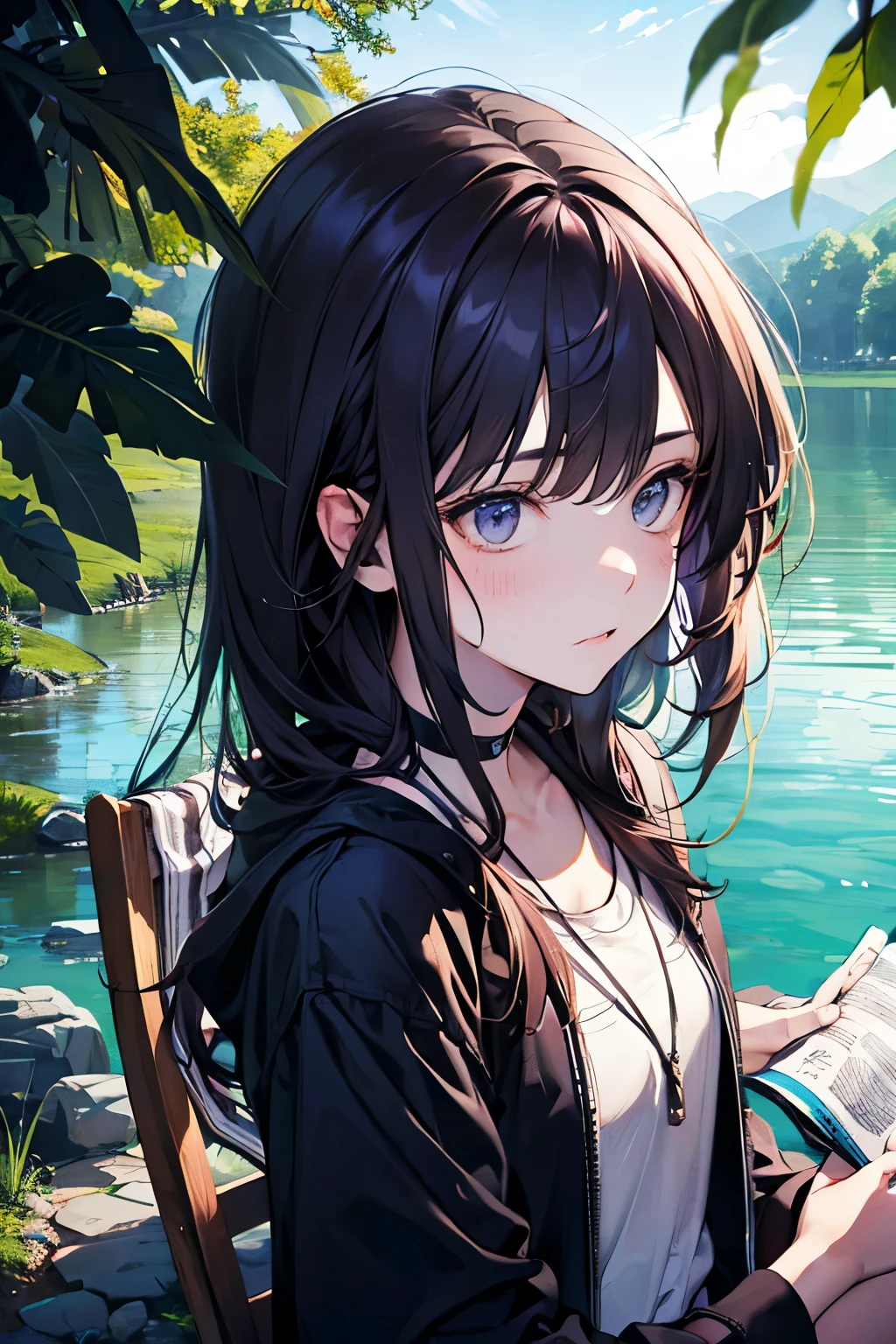 (brush),((cute,kawaii,wonderland)),((pastel color)),(Camping alone by the lake:1.25),(outdoor:1.3),((Casual and street wear:1.2)),dark color hair,(Natural Color),((Men's:1.2)),(Sit in a comfortable hammock and read a book:1.1),(looking side:1.3),Close-up of face,((Hair fluttering in the fresh wind:1.1)).