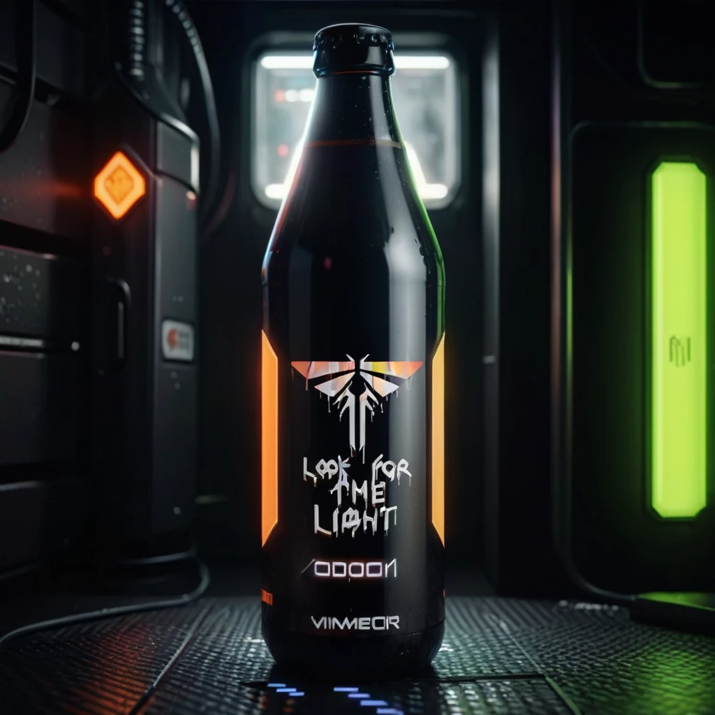 One bottle in the picture.A bottle of cyber beer presented in cyberpunk style, with characteristic elements: smooth, matte coating, decorated with bright neon luminous inserts. Design includes digital pixel patterns and abstract graphic elements, creating the effect of digital disruption and the future of the technological world. The main color of the bottle is deep purple, red, orange or green. This combination gives the product a unique cyberpunk style and modern look..
Bottle with holographic labels, depicting robotic fruits reflecting the taste of the future.