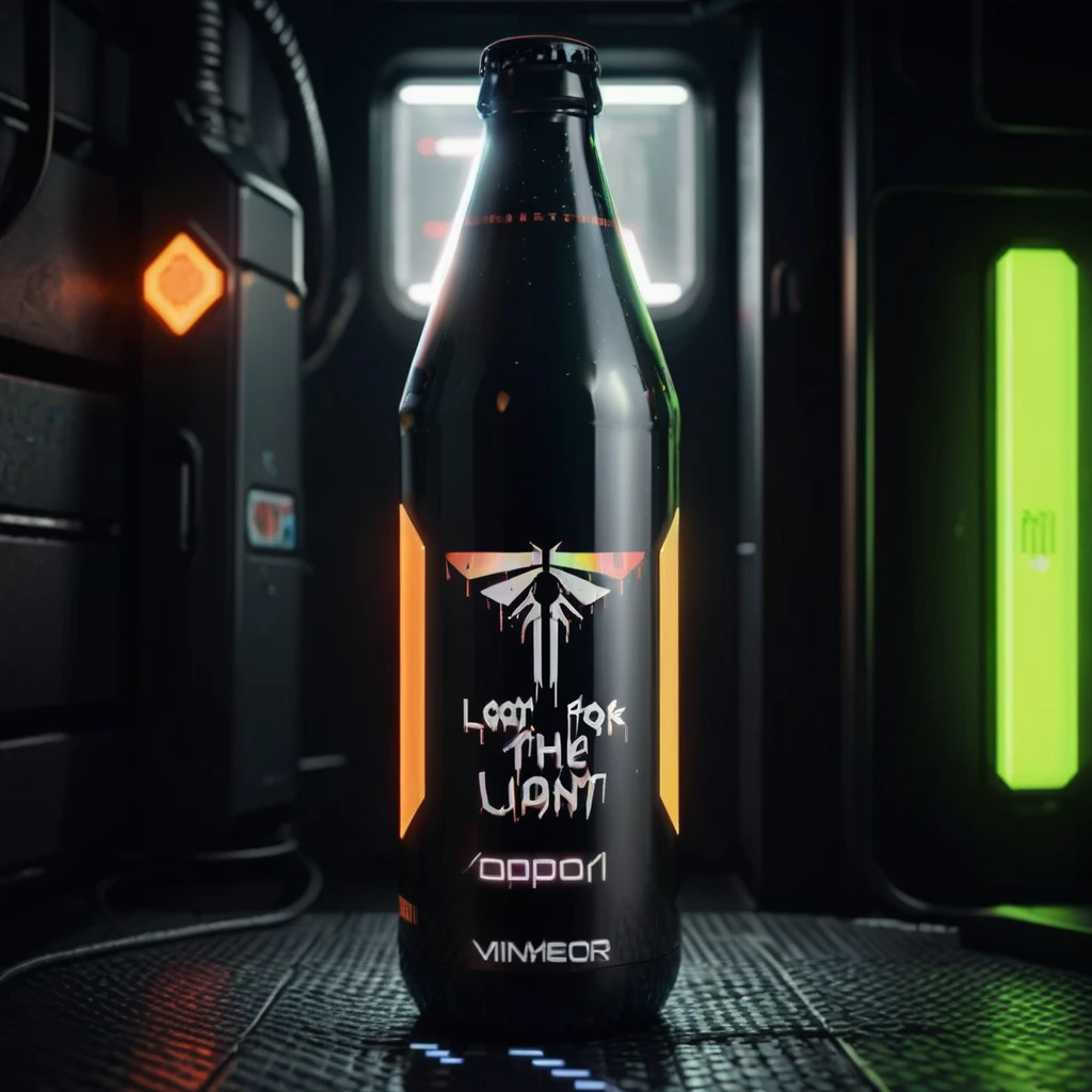 One bottle in the picture.A bottle of cyber beer presented in cyberpunk style, with characteristic elements: smooth, matte coating, decorated with bright neon luminous inserts. Design includes digital pixel patterns and abstract graphic elements, creating the effect of digital disruption and the future of the technological world. The main color of the bottle is deep purple, red, orange or green. This combination gives the product a unique cyberpunk style and modern look..
Bottle with holographic labels, depicting robotic fruits reflecting the taste of the future.