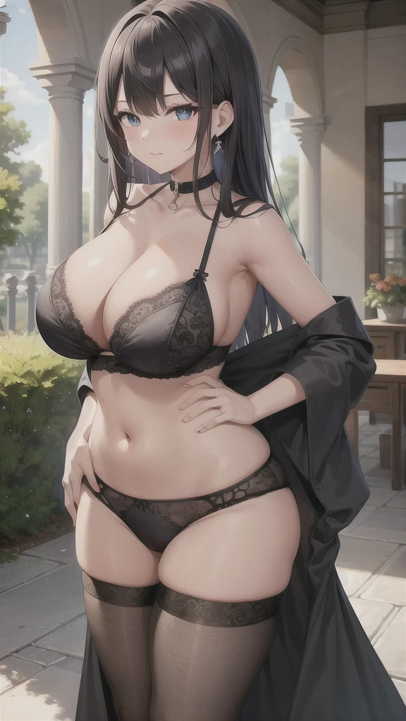 a girl wearing a chocker, black lace underwear, gothic earrings, posing Infront of a garden, night sky, stars in sky, colorful animation stills, red dark mid length hair, blue eyes, gothic, curvy, cute adorable face, seductive eyes gaze, cutsie, looks , gothic aesthetic. Full body picture, lace lingerie, lace underwear, sexy, seductive, night lighting, curvy body, busty, thicc butt