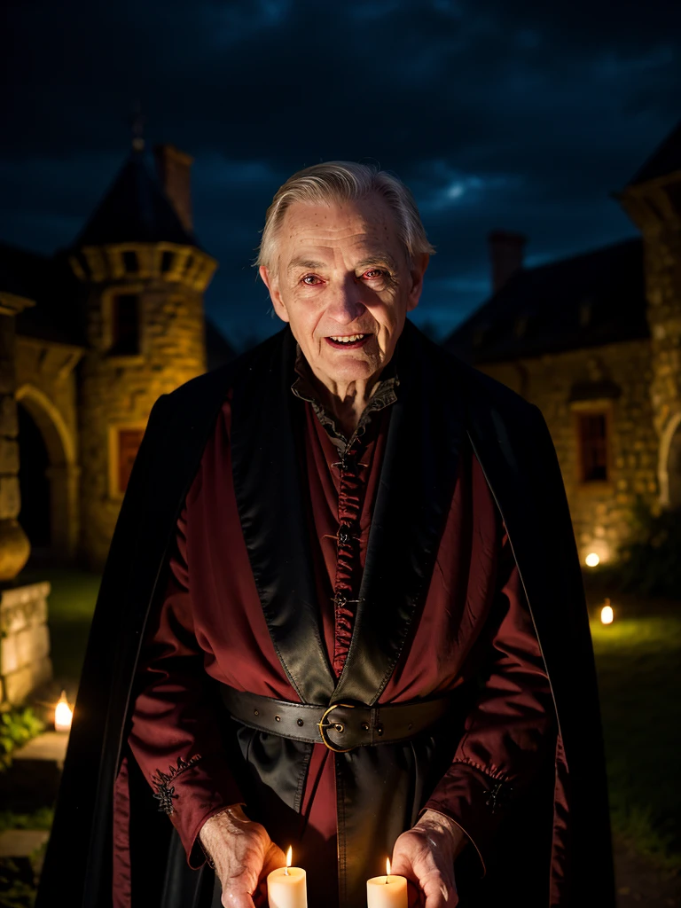 Portrait, old vampire, very scary vampire, huge vampire fangs, pale skin, wrinkles on the face, red eyes, evil grin, looking at the viewer, Black robe, standing in the dark, against the backdrop of an old castle, gloomy light, low key, depth sharpness, bokeh