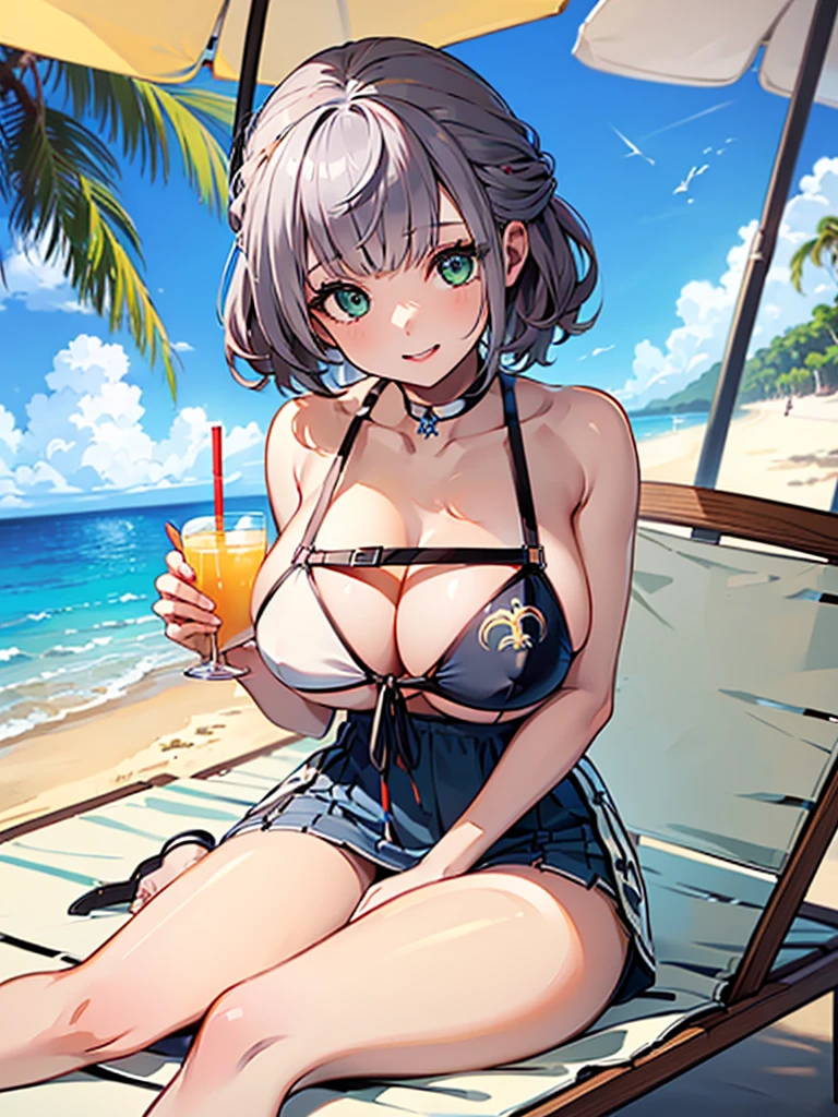 ((masterpiece, Highest quality, Super detailed)),8K,One girl,((super fine illustration)),((cute eyes,highly detailed skin)),((well endowed,Blessed,Captivating body、Detailed Background))、(sun、vacation、Tropical、White sand beach、I can see the ocean in the distance)、(glossy skin:1.2), (face full of joy:1.3), (Sipping tropical juice while sitting on a lounger under a beach umbrella:1.3)