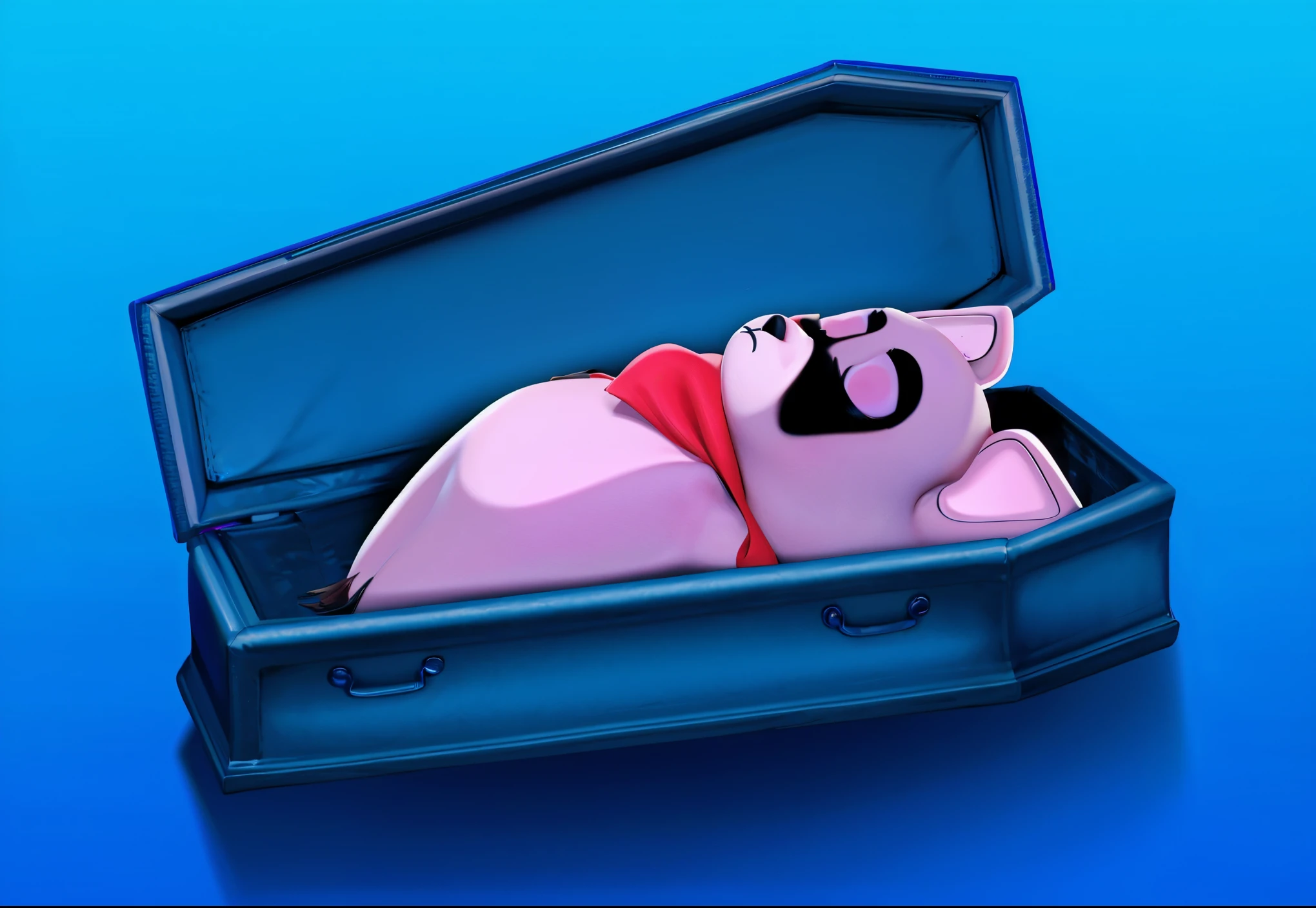This image features a cartoonish raccoon character lying in a blue coffin. The raccoon is dressed in a purple outfit with a red scarf and has a black mask painted on its face. The character appears to be peacefully resting with its eyes closed. The scene is set against a gradient blue background, which enhances the somber yet whimsical nature of the image. The bright colors of the raccoon's outfit and the coffin create a striking contrast, adding to the surreal and imaginative quality of the scene.
