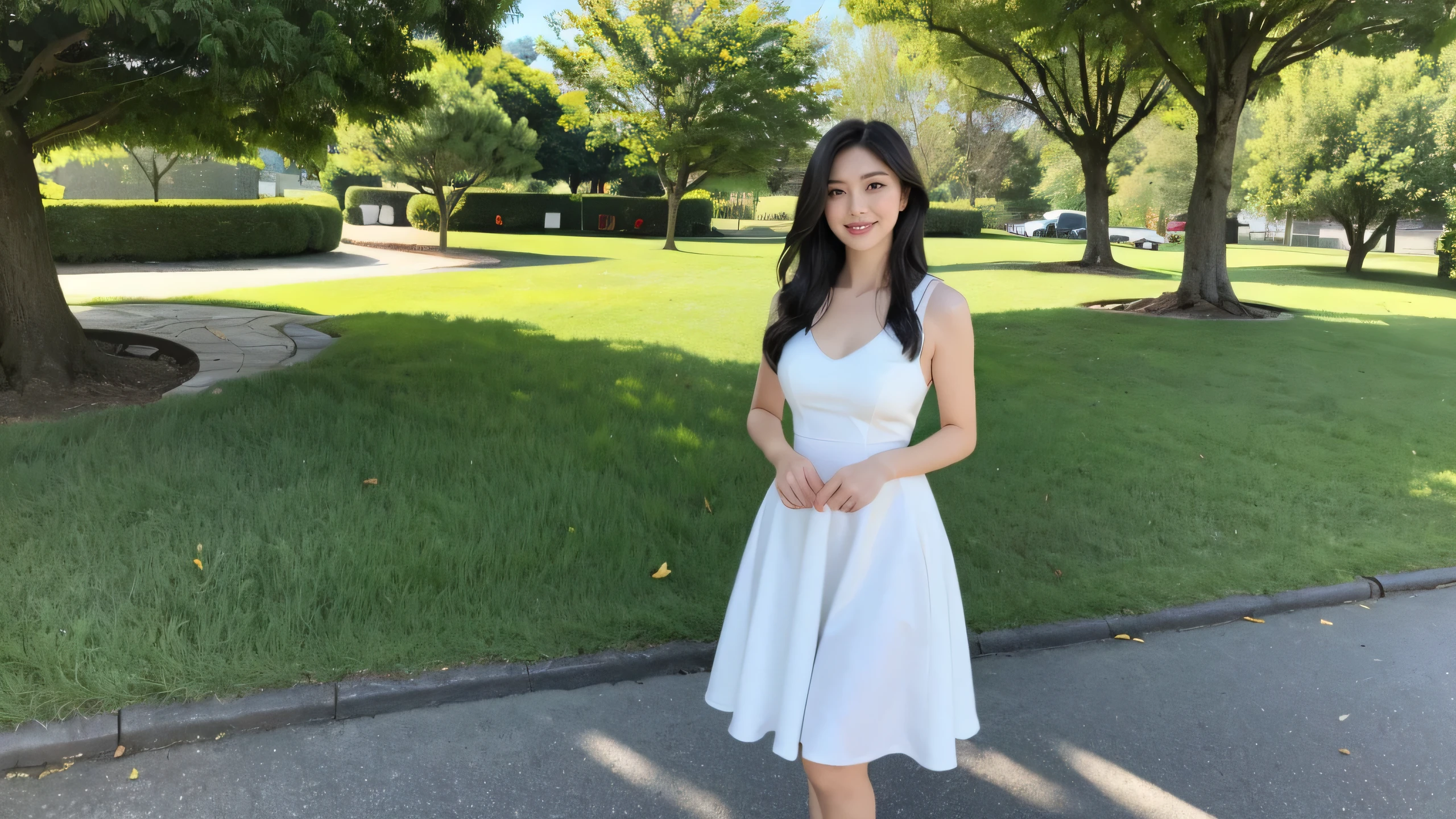 最high quality, In 8K, Masseter region, Vibrant, Sharp focus, high quality, High resolution, Detailed face, fine grain, Thick lips, (Looking at the audience), alone, Beautiful woman, 28 years old, Japanese women, （Short black hair:1.4）, Lunch break、Large city park、Green Grass、（Standing in the park:1）、（Full body photo:1）、（White Formal Dress:1.5）、（Knee length dresses:1.5）、（Black pumps:1.5）、（Red lipstick:1）、（smile:1.3）、（Slender figure）、（A cup breasts）