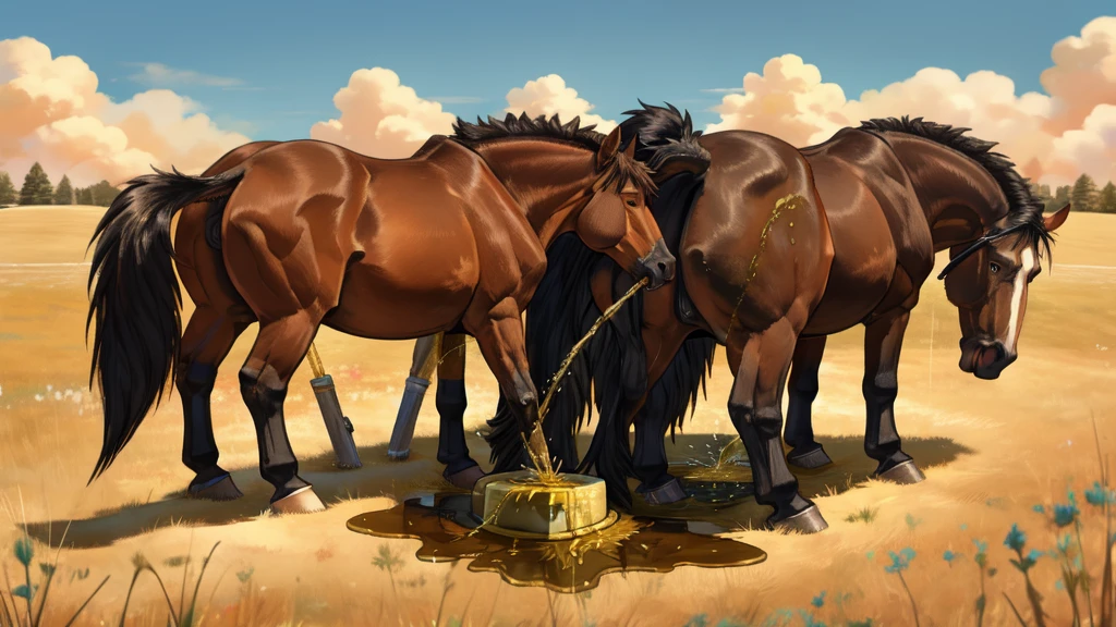 fat Feral draft horses mares (grey, horse pussy, pussy juice). stallions (black, erect penis), grass meadow, big butt, (urine:2.1) flooding ground, open pussy emitting yellow vapour. overhead midday sun. piles of horse (dung:2.2} and manure on ground around horse. 3/4 side view looking down on horse. viewed from 3000 metres away