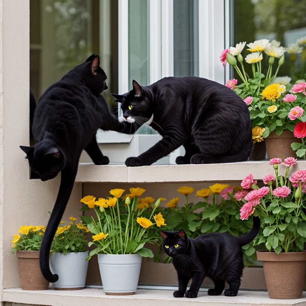 masterpiece, Best quality, ultra realistic image, ((cat eats flowers)), flowers in a pot, Flowers on the windowsill, Black fluffy cat