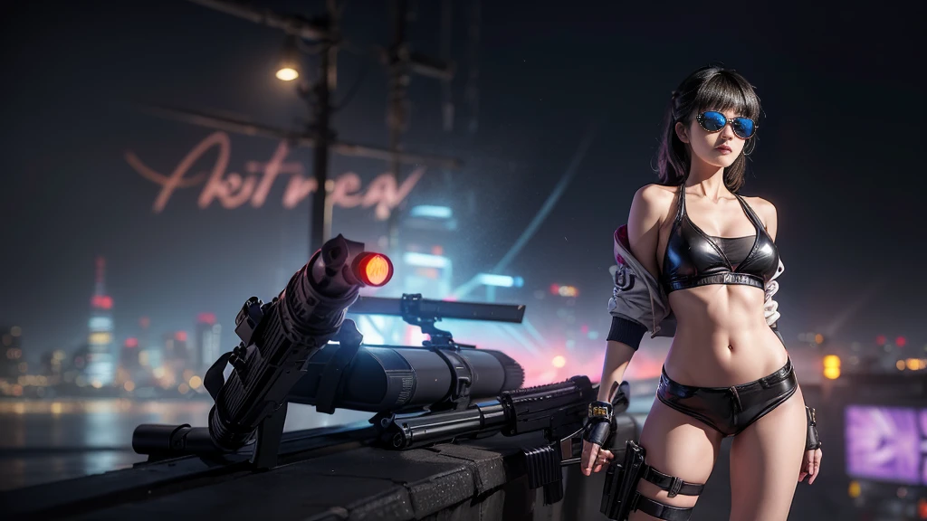 8k, Realistic Skin Texture, Realistic Photo, Neo Tokyo, slim Japanese women, large-breast:1.3 cleavage:1.2, AD2050 at night, Dirty hunting jacket, Wearing tube top, miniskirt, (((black sunglasses, automatic rifle, sneakers, cold, shooting pose, low angle view))), Innovative composition, revenge, cyberpunk, blade runner worldview, Large neon sign, Geisha hologram sign, Strong Wakamoto Sign.