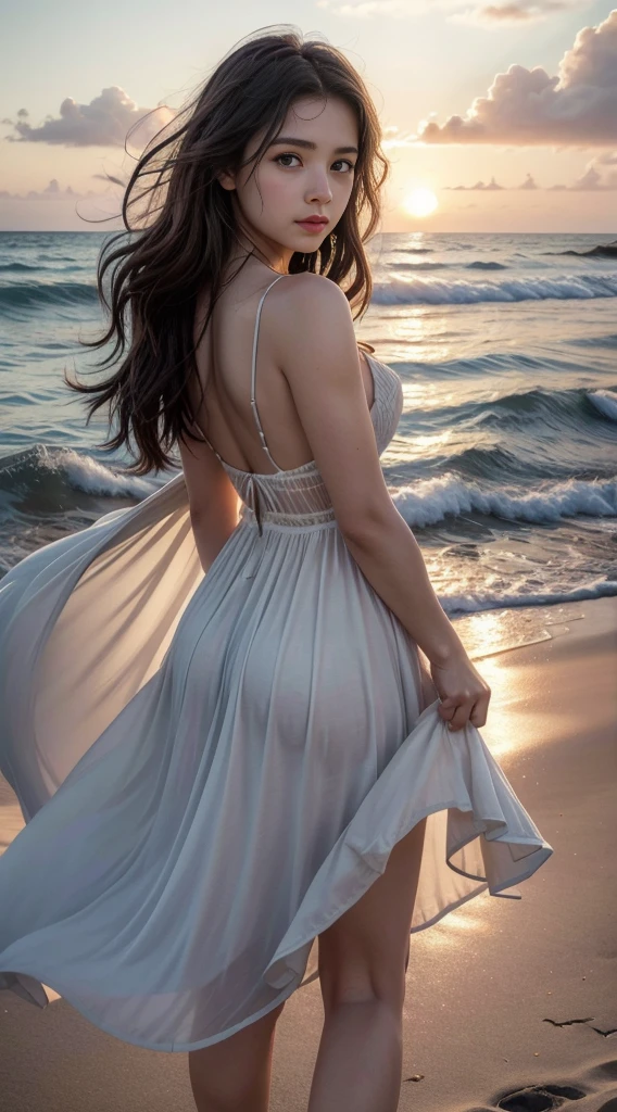 8K, highest quallity, ultra details, Hispanic A photorealistic image shows a Hispanic girl with a serene expression, her wavy brown hair cascading down her back. She stands on a picturesque beach at sunset, with waves lapping gently against the shore. The girl wears a flowing dress, ethereal black dress that billows in the breeze. The camera captures her from a distance, allowing the viewer to enjoy the vastness of the beach and the vibrant colors of the sunset. Perfectly framing the girl against the stunning natural backdrop. Soft, warm lighting, casting a golden glow on the scene. This image captures the tranquility and beauty of nature&#39;s connection..