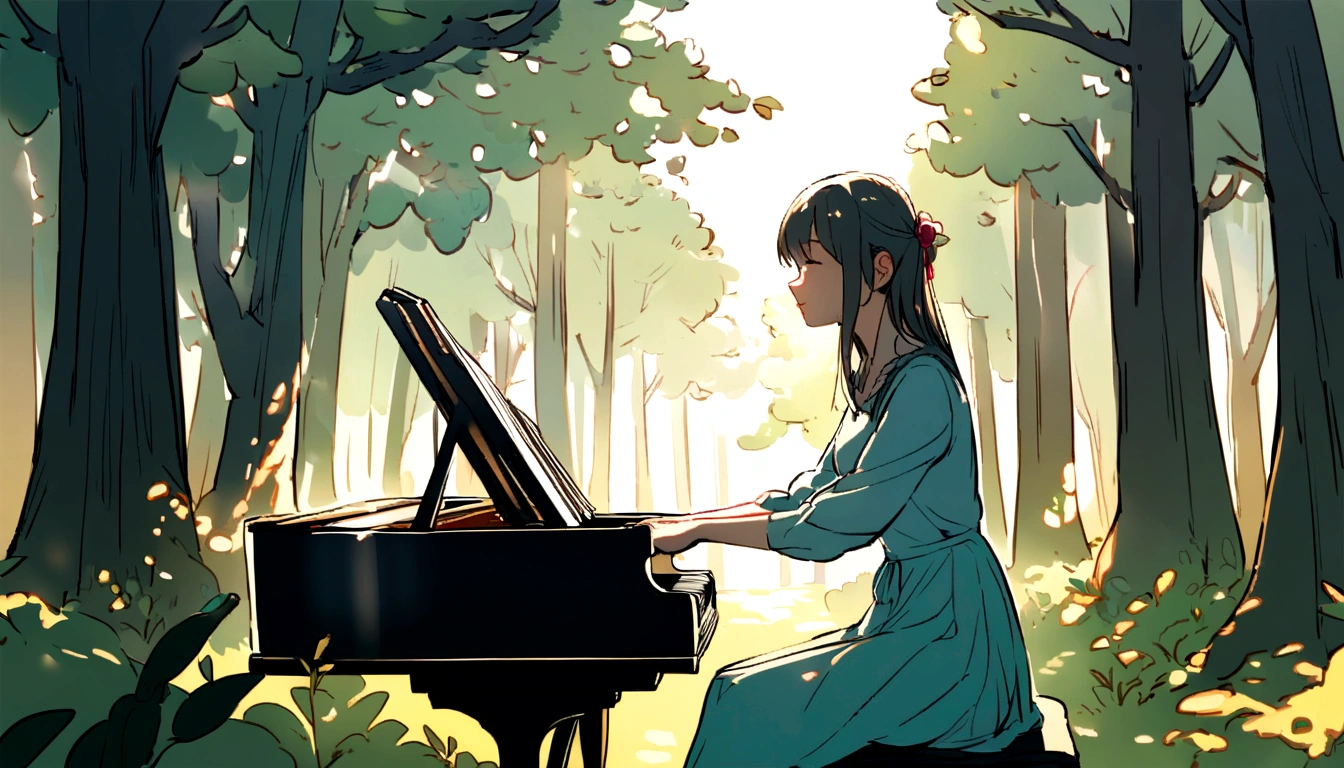 morning,Sunny,in the woods,Girl playing piano,