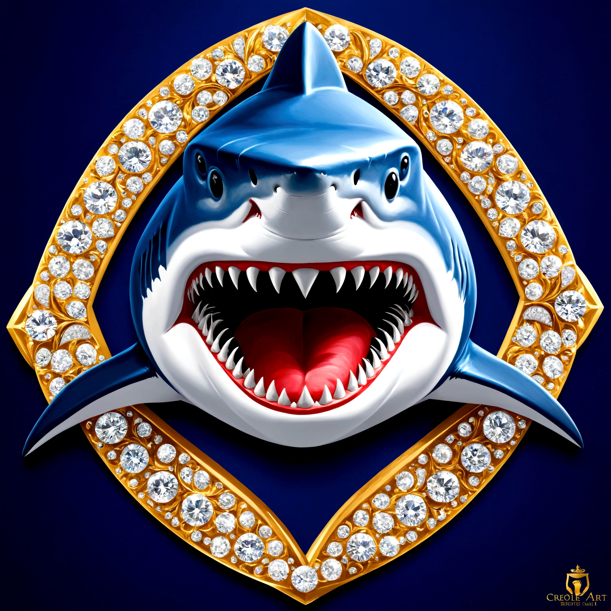 The elegant logo is written ("creole art GP") Diamant, ("creole art GP") segurando um Diamant brilhante acima da vista frontal estilo retrato de sua cabeça, shark face, Diamant brilhante, dark blue. Farbe. 
