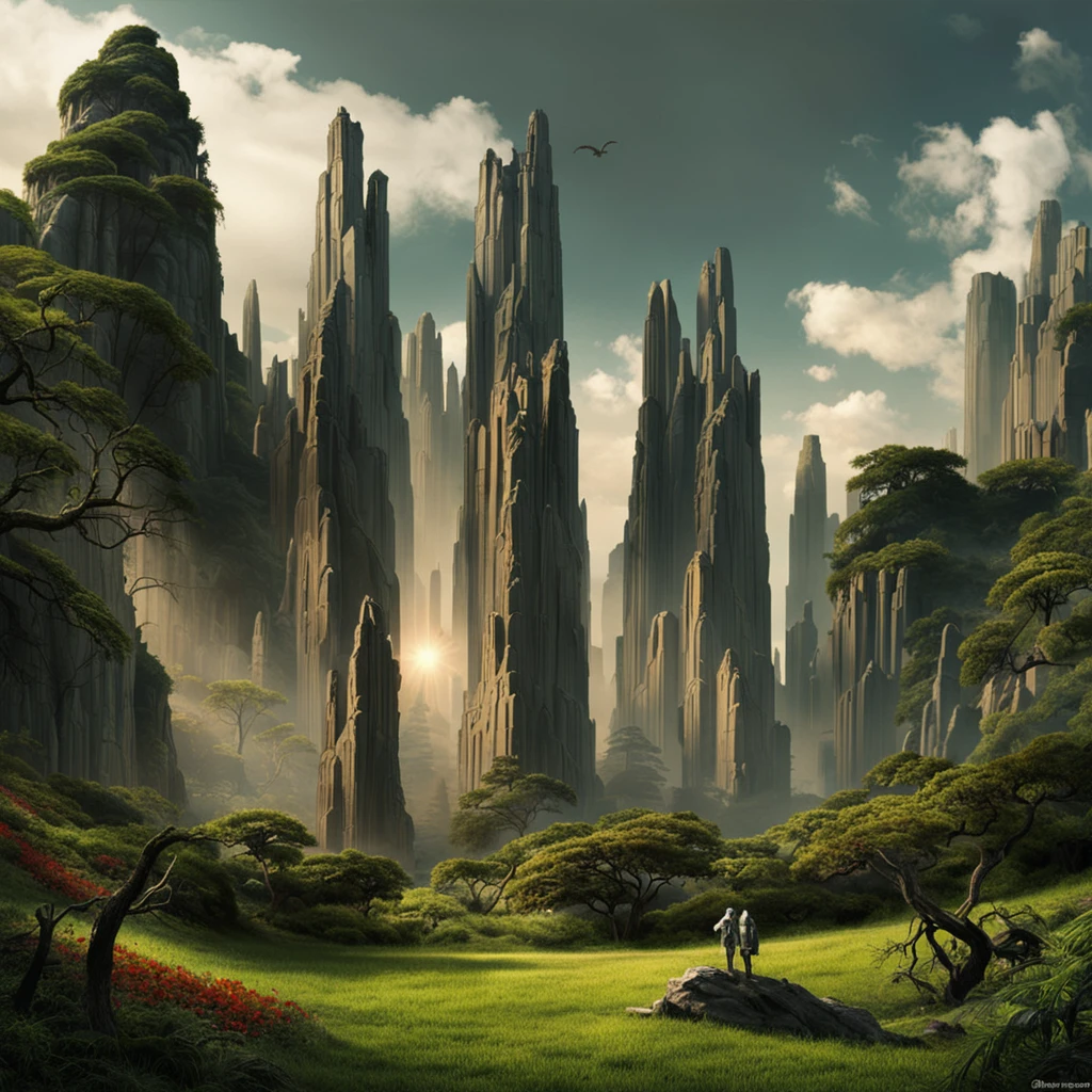 create a digital matte painting of a giant rocky forest in a science fiction movie setting with ancient stone temples embedded in tall rocks in a clearing in the center of a dense, wide forest of giant trees and plants,in the sky of this illustration, um astronauta masculino com uniforme branco caminha em uma estrada de pedras perto do solo, em frente a uma escadaria gigante de um templo, Detailed and realistic close-up of the astronaut and a field full of red flower buds on the green grass ground next to a path next to the green grass towards the large forest and situated in the background of the scene against the background of a blue sky with 3D clouds white, ultra realism in the matte painting cinematography of the illustration based on the matte painting art of artist Albert Whitlock