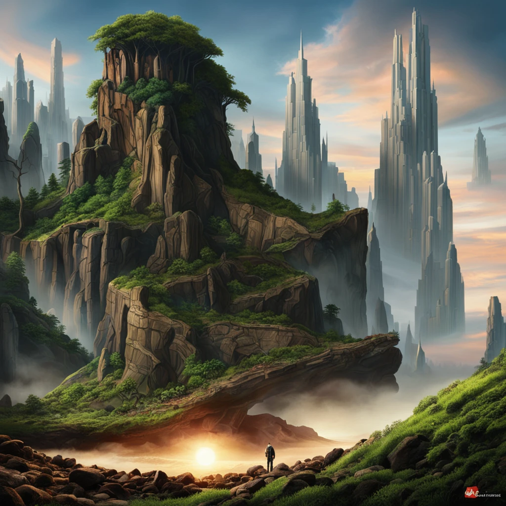 create a digital matte painting of a giant rocky forest in a science fiction movie setting with ancient stone temples embedded in tall rocks in a clearing in the center of a dense, wide forest of giant trees and plants,in the sky of this illustration, um astronauta masculino com uniforme branco caminha em uma estrada de pedras perto do solo, em frente a uma escadaria gigante de um templo, Detailed and realistic close-up of the astronaut and a field full of red flower buds on the green grass ground next to a path next to the green grass towards the large forest and situated in the background of the scene against the background of a blue sky with 3D clouds white, ultra realism in the matte painting cinematography of the illustration based on the matte painting art of artist Albert Whitlock