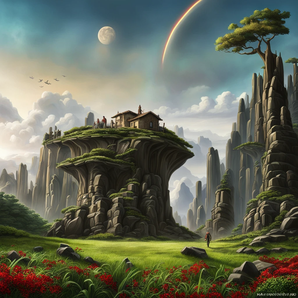 create a digital matte painting of a giant rocky forest in a science fiction movie setting with ancient stone temples embedded in tall rocks in a clearing in the center of a dense, wide forest of giant trees and plants,in the sky of this illustration, um astronauta masculino com uniforme branco caminha em uma estrada de pedras perto do solo, em frente a uma escadaria gigante de um templo, Detailed and realistic close-up of the astronaut and a field full of red flower buds on the green grass ground next to a path next to the green grass towards the large forest and situated in the background of the scene against the background of a blue sky with 3D clouds white, ultra realism in the matte painting cinematography of the illustration based on the matte painting art of artist Albert Whitlock