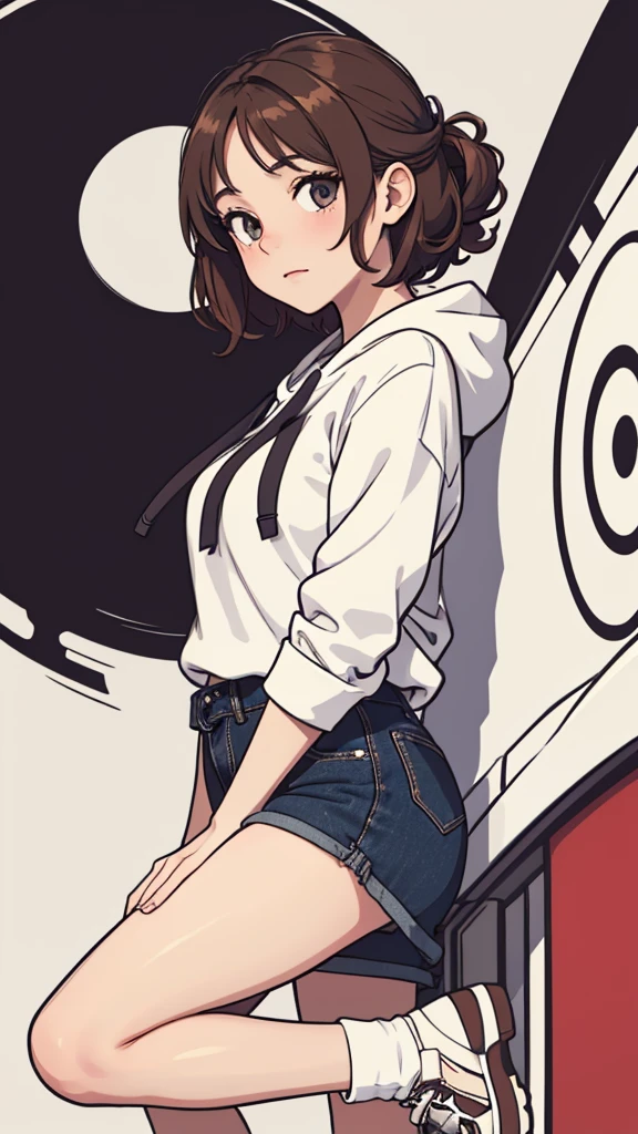 (((masterpiece, best quality, ultra highres, 1 girl, solo, no background))), super detailed skin and face and eyes and finger, beautiful japanese woman, small breasts:1.5, skinny, light brown hair, white background, very short curly pixie hair, (an illustration of girl), Knee shot, Generate with illustrations, Various expressions, Various poses, Please draw the entire character within the frame, ensuring that the head, arms, and legs are not cut off. The background should be simple, with the character positioned centrally, outline, anime, hoodie,