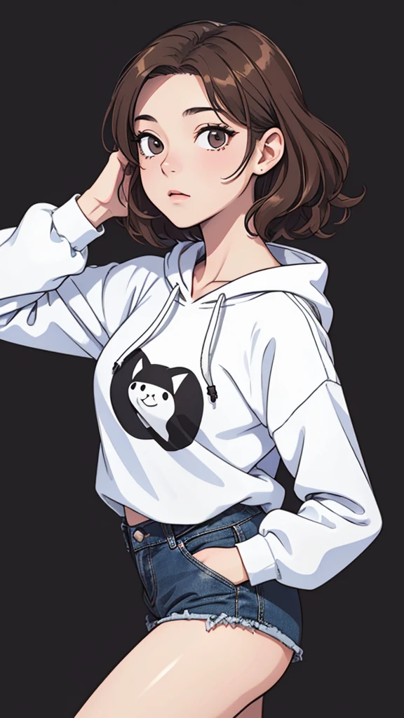 (((masterpiece, best quality, ultra highres, 1 girl, solo, no background))), super detailed skin and face and eyes and finger, beautiful japanese woman, small breasts:1.5, skinny, light brown hair, white background, very short curly pixie hair, (an illustration of girl), Knee shot, Generate with illustrations, Various expressions, Various poses, Please draw the entire character within the frame, ensuring that the head, arms, and legs are not cut off. The background should be simple, with the character positioned centrally, outline, anime, hoodie, 