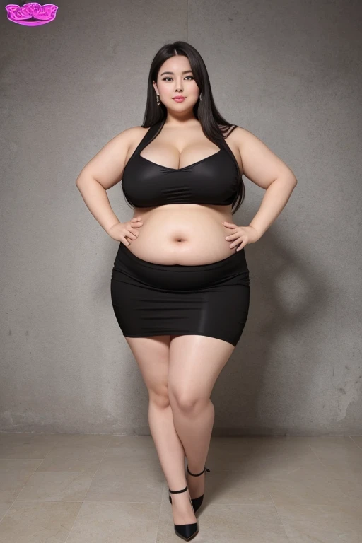 best quality, masterpiece, Weight 120 kg, extreme obesity, severe abdominal obesity, severe visceral obesity, Belly fat is prominent, severe abdominal obesity, mini skirt, high heel, BBW