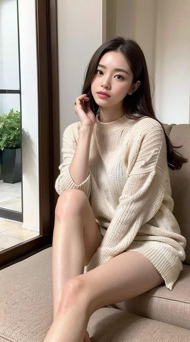 Dark brown hair、Light brown eyes、Japanese actress、 Lady、I am about 40 years old..、(Intricate details:1.2)、(Which one is on top??:1.4)、 (Ultra-high resolution:1.2)、Ultra-high resolution、(Finely tuned)、(Detailed facial features)、Hmph、8K resolution、D cup size breasts、Long Hair、Bright, sunny living room、Large windows、Extravagant space、relax、、,Full body photo、Head to toe shot、Beautiful legs、Summer knitwear、Beautiful legs、A refreshing room filled with sunlight、she, household items,   (plant:0.8), Fashion Hub, Extreme Detail, Very detailed, Realistic, Hourglass-shaped body, Obscene pose,、、私 cry a lot、tears、person on the left、White wall、White floor、diagonally from below、Lift your chin、Relax your shoulders and place them against the wall.、relaxした表情、Pose of Weakness、