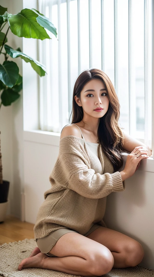 Dark brown hair、Light brown eyes、Japanese actress、 Lady、I am about 40 years old..、(Intricate details:1.2)、(Which one is on top??:1.4)、 (Ultra-high resolution:1.2)、Ultra-high resolution、(Finely tuned)、(Detailed facial features)、Hmph、8K resolution、D cup size breasts、Long Hair、Bright, sunny living room、Large windows、Extravagant space、relax、、,Full body photo、Head to toe shot、Beautiful legs、Summer knitwear、Beautiful legs、A refreshing room filled with sunlight、she, household items, (plant:0.8), Fashion Hub, Extreme Detail, Very detailed, Realistic, Hourglass-shaped body, Obscene pose,、、私 cry a lot、tears、person on the left、White wall、White floor、diagonally from below、Lift your chin、Relax your shoulders and place them against the wall.、relaxした表情、Pose of Weakness、
