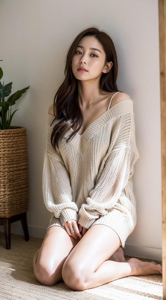Dark brown hair、Light brown eyes、Japanese actress、 Lady、I am about 40 years old..、(Intricate details:1.2)、(Which one is on top??:1.4)、 (Ultra-high resolution:1.2)、Ultra-high resolution、(Finely tuned)、(Detailed facial features)、Hmph、8K resolution、D cup size breasts、Long Hair、Bright, sunny living room、Large windows、Extravagant space、relax、、,Full body photo、Head to toe shot、Beautiful legs、Summer knitwear、Beautiful legs、A refreshing room filled with sunlight、she, household items, (plant:0.8), Fashion Hub, Extreme Detail, Very detailed, Realistic, Hourglass-shaped body, Obscene pose,、、私 cry a lot、tears、person on the left、White wall、White floor、diagonally from below、Lift your chin、Relax your shoulders and place them against the wall.、relaxした表情、Pose of Weakness、