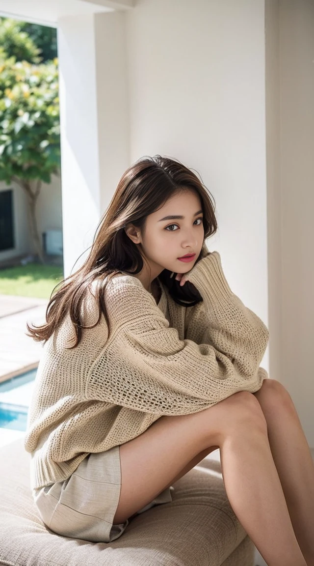 Dark brown hair、Light brown eyes、Japanese actress、 Lady、I am about 40 years old..、(Intricate details:1.2)、(Which one is on top??:1.4)、 (Ultra-high resolution:1.2)、Ultra-high resolution、(Finely tuned)、(Detailed facial features)、Hmph、8K resolution、D cup size 、Long Hair、Bright, sunny living room、Large windows、Extravagant space、relax、、,Full body photo、Head to toe shot、Beautiful legs、Summer knitwear、Beautiful legs、A refreshing room filled with sunlight、she, household items,   (plant:0.8), Fashion Hub, Extreme Detail, Very detailed, Realistic, Hourglass-shaped body, Obscene pose,、、私 cry a lot、tears、person on the left、White wall、White floor、diagonally from below、Lift your chin、Relax your shoulders and place them against the wall.、relaxした表情、Pose of Weakness、