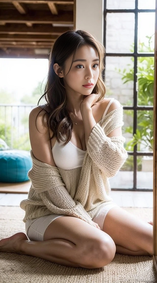 Dark brown hair、Light brown eyes、Japanese actress、 Lady、I am about 40 years old..、(Intricate details:1.2)、(Which one is on top??:1.4)、 (Ultra-high resolution:1.2)、Ultra-high resolution、(Finely tuned)、(Detailed facial features)、Hmph、8K resolution、D cup size breasts、Long Hair、Bright, sunny living room、Large windows、Extravagant space、relax、、,Full body photo、Head to toe shot、Beautiful legs、Summer knitwear、Beautiful legs、A refreshing room filled with sunlight、she, household items, (plant:0.8), Fashion Hub, Extreme Detail, Very detailed, Realistic, Hourglass-shaped body, Obscene pose,、、私 cry a lot、tears、person on the left、White wall、White floor、diagonally from below、Lift your chin、Relax your shoulders and place them against the wall.、relaxした表情、Pose of Weakness、