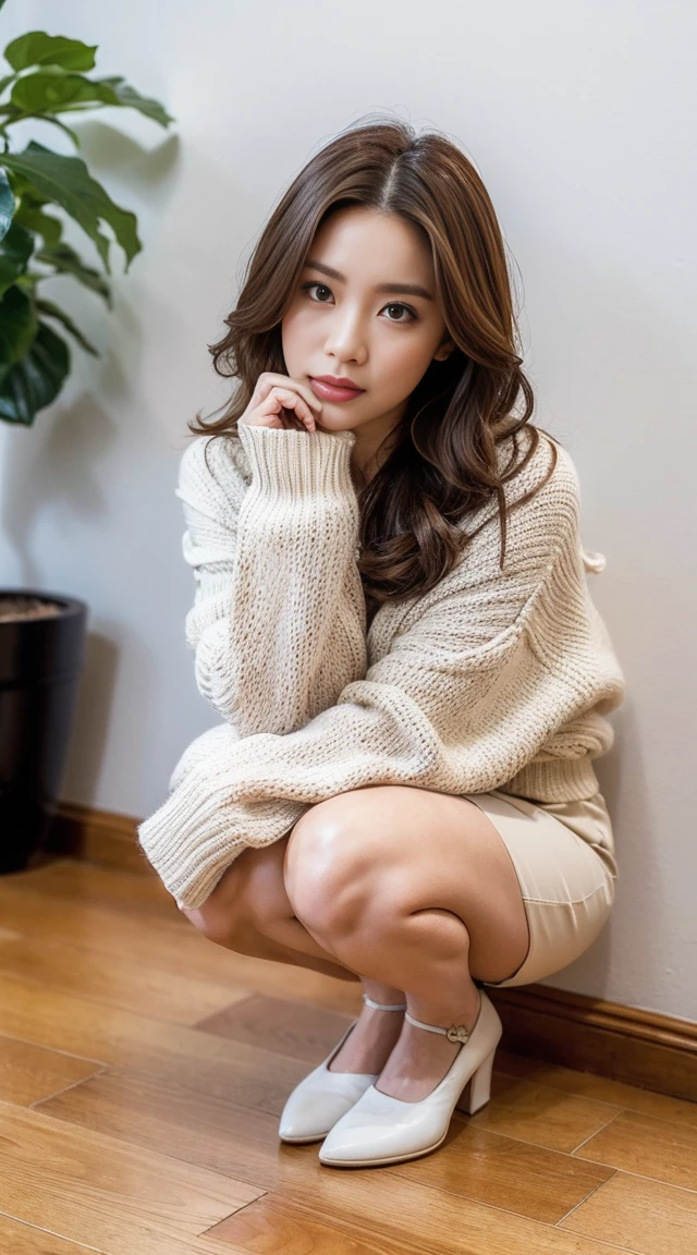 Dark brown hair、Light brown eyes、Japanese actress、 Lady、I am about 40 years old..、(Intricate details:1.2)、(Which one is on top??:1.4)、 (Ultra-high resolution:1.2)、Ultra-high resolution、(Finely tuned)、(Detailed facial features)、Hmph、8K resolution、D cup size breasts、Long Hair、Bright, sunny living room、Large windows、Extravagant space、relax、、,Full body photo、Head to toe shot、Beautiful legs、Summer knitwear、Beautiful legs、A refreshing room filled with sunlight、she, household items, (plant:0.8), Fashion Hub, Extreme Detail, Very detailed, Realistic, Hourglass-shaped body, Obscene pose,、、私 cry a lot、tears、person on the left、White wall、White floor、diagonally from below、Lift your chin、Relax your shoulders and place them against the wall.、relaxした表情、Pose of Weakness、