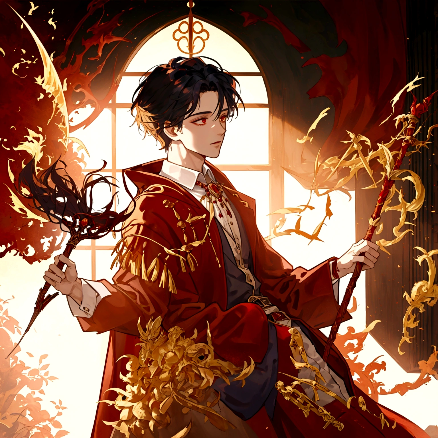 boy dressed like a magician, red and yellow robe, He holds a spell stick in his hand. It is located in a medieval RPG style inn