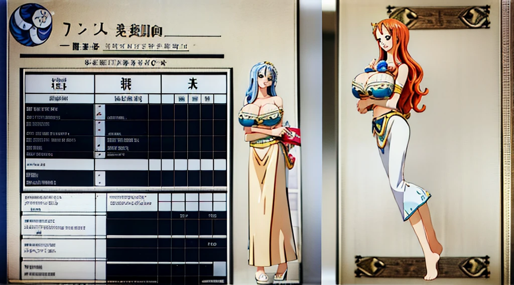 ((Best Quality)), ((Masterpiece)), (((detailed character sheet, frontal view, side view, three quarter view))) white background、whole body、whole bodyイラスト、whole bodyアニメーション、whole bodyリファレンスシート、Long Hair、smile、Cute face、Big Breasts、Long legs、Beautiful feet、8 heads tall、Detailed face、PVC、nami、one piece、stand at attention