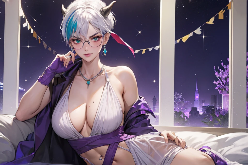 8k, masterpiece, best quality, highly detailed, 1 girl, tiefling, warlock, multicolored hair, very short straight hair green highlight hair on white hair, strippled hair, wearing glasses, round glasses, earrings, red eyeshadow, long eyelashes,navel piercing, blushed cheek, necklace, collarbone, mole, glamorous, purple and teal clothing, villainy, smirk, seductive face, halfbody view, rings, looking at viewer, demon horns, solo, elegant dress, ballroom, palace, blue pale moon, sitting,