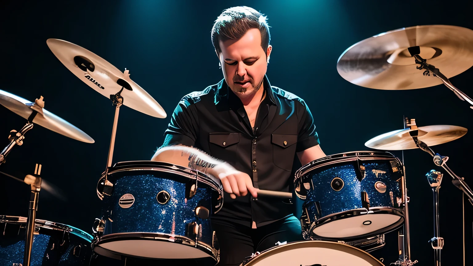 create a rock star playing drums, blues rock style on stage, short hair,realistic,8k, uhd,