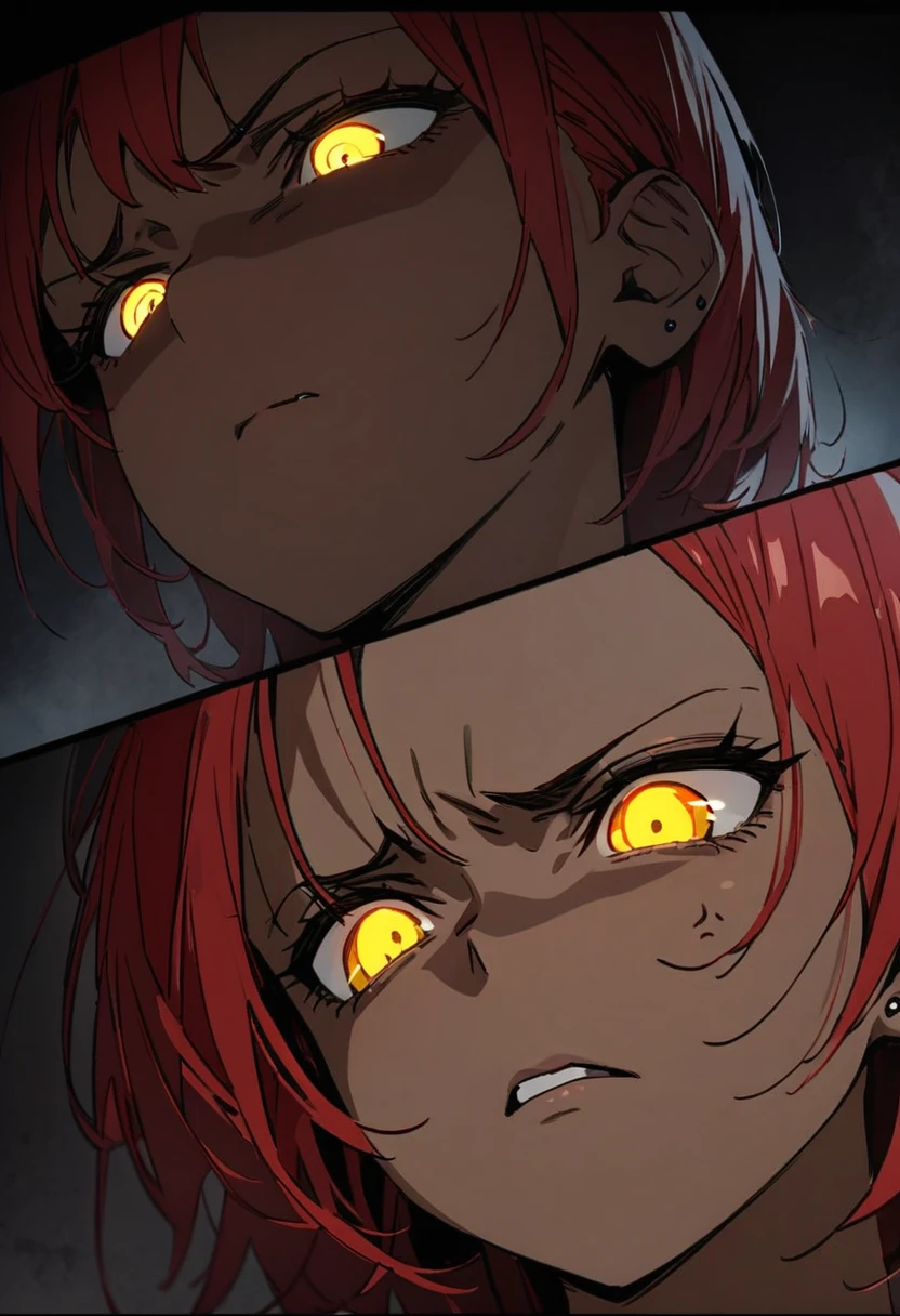 from below, face focus portrait, look down, best quality, super fine, 16k, 2.5D, delicate and dynamic, standing beautiful lady, tan skin, short red hair, piercing yellow eyes, cold stare of disgust, look of scorn and contempt, anger, unpleasant expression, dark atmosphere effect
