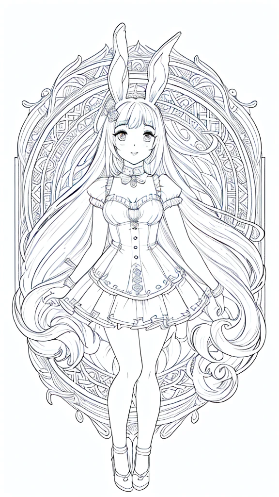 (Bunny girl:1.5), 8k, black and white drawing of circular design, intricate thin lines, centering radial design, coloring pages, simplified zentangle, coloring book outline, black and white only, no outline, intricate designs, coloring book, celtic design, intricate lines, no gradients