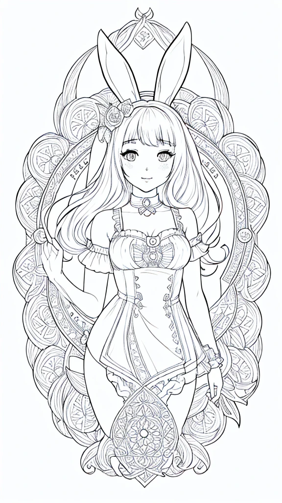 (Bunny girl:1.5), 8k, black and white drawing of circular design, intricate thin lines, centering radial design, coloring pages, simplified zentangle, coloring book outline, black and white only, no outline, intricate designs, coloring book, celtic design, intricate lines, no gradients